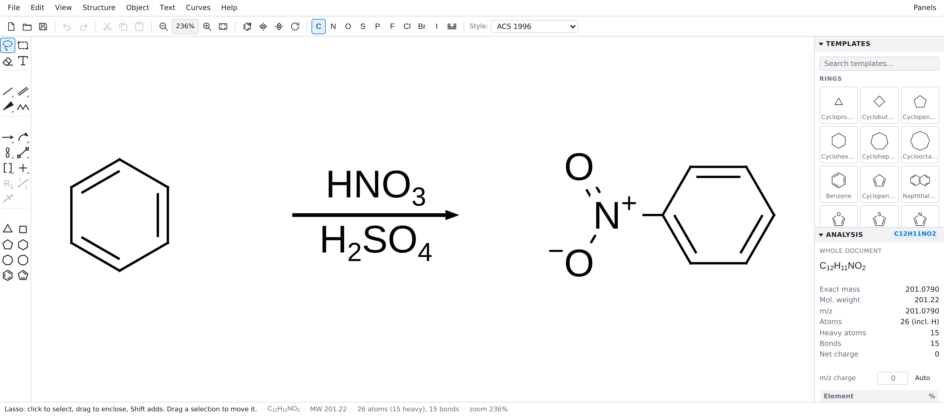 The MolQuill window: menu bar, a tool palette down the left edge, a reaction scheme drawn on a white canvas, a docked panel at the right with the ring template library above a live analysis readout, and a status bar along the bottom showing the molecular formula, molecular weight, atom count and bond count.